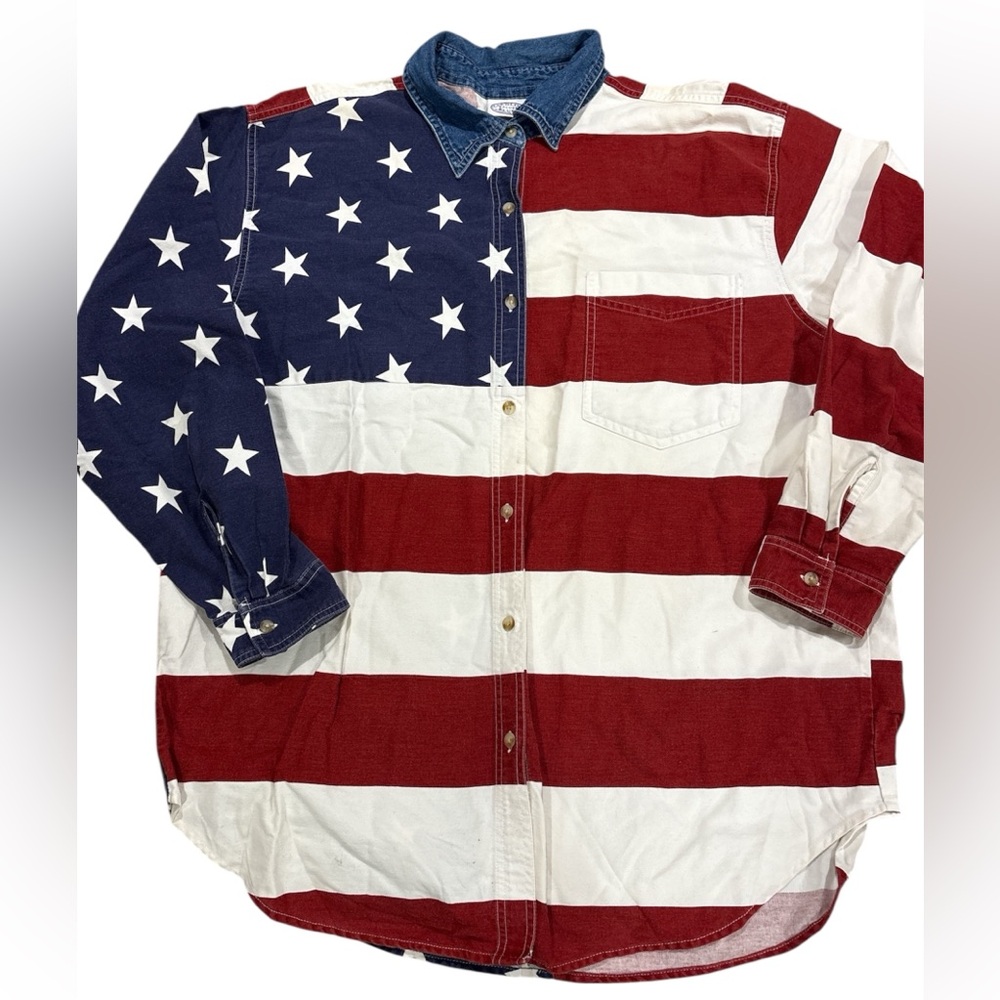 Carolina Blues Plus American Flag Button-Up 100% Cotton Shirt Size 20